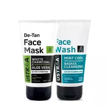 Ustraa Маска для лица De-Tan - для сухой кожи - 125 г - Смываемая маска | с белым углем | Эффективное удаление загара и мытье лица - Мятная прохлада - для сухой кожи - 100 г
