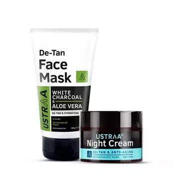Ustraa Маска для лица De-Tan - для сухой кожи - 125 г - Смываемая маска | с белым углем | Помогает удалить загар и загрязняющие вещества и крем против старения для мужчин - 50 г