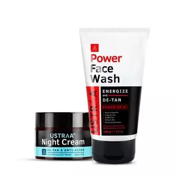 Ustraa Ночной крем - De-tan & Anti-aging - 50 г - Помогает удалить загар | с ниацинамидом и экстрактом солодки и мощным средством для умывания лица - 100 г