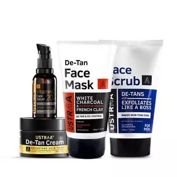 Ustraa Quick Action | Скраб для лица De-Tan - 100 г | Маска для лица De-Tan для жирной кожи - 125 г | Сыворотка для лица с 20% витамина С - 30 мл | Крем De-Tan - 50 г