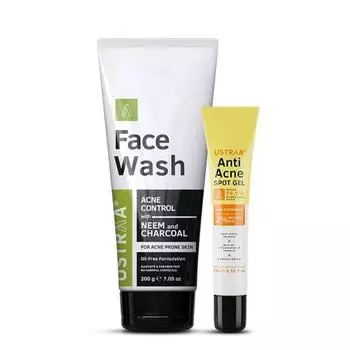 Ustraa Средство для умывания лица Acne Control - с нимом и древесным углем - 200 г - контроль жирности, предотвращение акне и гель против пятен от акне - 15 мл