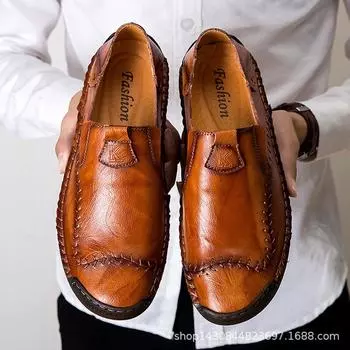 Устранение утечек Повседневная обувь Туфли с ленивым рукавом Круглые мужские кожаные туфли Ручная работа Кожаные туфли Большие размеры 38 чёрный