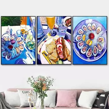 Устрицы и вино, рулет с лобстером, картина на холсте, синие постеры и печать, скандинавское настенное искусство 21cm30cm NoFrame