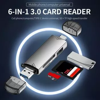Устройство чтения карт Micro SD типа C, адаптер otg типа c к USB, TF-карта USB 3.0 6 в 1, USB-флеш-накопитель, устройство чтения карт типа C серебряный