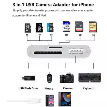 Устройство чтения карт памяти SD для iPhone 14 13 12 11 15 Pro Max 3 в 1 Устройство чтения карт памяти Micro SD USB-адаптер OTG для iPhone iPad Аксессуары