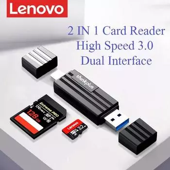 Устройство чтения карт памяти SD с двойным разъемом USB Lenovo 3.0 Адаптер устройства чтения карт памяти USB C поддерживает SD Micro SD SDXC SDHC MMC RS-MMC TC101 чёрный