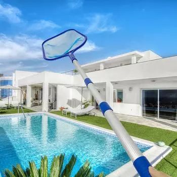 Устройство для очистки листьев для бассейна, скиммерная сетка для бассейна, телескопическая стойка из алюминиевого сплава и сетка с мелкой сеткой для очистки плавательных бассейнов, спа-центров (Полюс+сетка) One Size синий