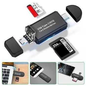 Устройство считывания карт SD/микро, USB OTG Устройство считывания карт Micro-USB типа C для карт SDXC, SD, MMC, RS-MMC, Micro-SDXC, Micro-SDHC и UHS-I Черный