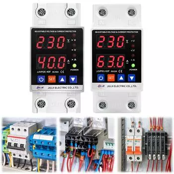 Устройство защиты от перенапряжения и перегрузки по току с двойным дисплеем, интеллектуальное реле, сброс защиты 40A/63A 220V для домашнего офисного оборудования