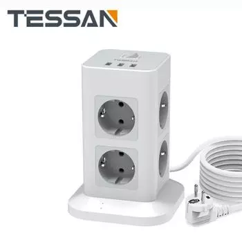 Устройство защиты от перенапряжения TESSAN с несколькими розетками, розетками переменного тока 3/8 и 3 портами USB, розеткой Tower с удлинительным кабелем длиной 2 м