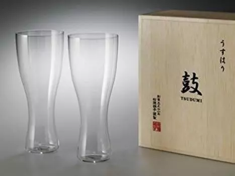 Usuhari Glass Drum Glass Beer Glass Wooden Box Set of 2 (Pilsner)