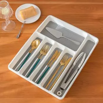 Utensil Drawer Organizer 3/5/6 Compartment Non-Slip Adjustable Utensil Organizer for Kitchen Drawers for Spoons Forks Knives