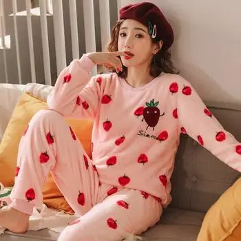 Утепленная фланелевая пижама на осень и зиму для женщин с рисунком животных из мультфильмов, комплект из бархата кораллового цвета для студентов, одежда для сна, домашняя одежда M(35-45kg)