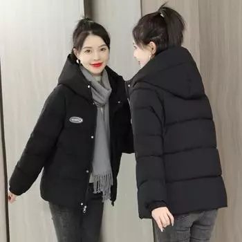 Утепленная хлопчатобумажная женская короткая зимняя повседневная короткая студенческая куртка облегающего кроя с капюшоном, утолщенная утепленная куртка S чёрный