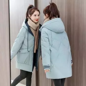 Утепленная хлопком женская зимняя куртка средней и длинной длины, новая корейская версия, маленькая свободная модная куртка из хлопка с капюшоном для женщин M жёлтый