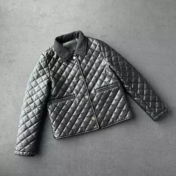 Утепленная хлопковая кожаная куртка, ромбовидная простеганная линия воротника рубашки, женская хлопковая кожаная куртка, термокуртка S чёрный