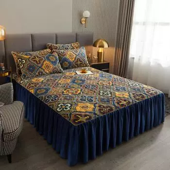 Утепленная хлопковая молочно-бархатная теплая юбка-кровать, 3 шт., зимнее покрывало с принтом, короткое плюшевое покрывало, нескользящая простыня 120x200cm