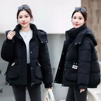 Утепленная хлопковая подкладка для защиты от холода, женская короткая свободная одежда в стиле Гонконга, пуховая хлопковая подкладка, студенческая хлопковая подкладка, новый год M чёрный