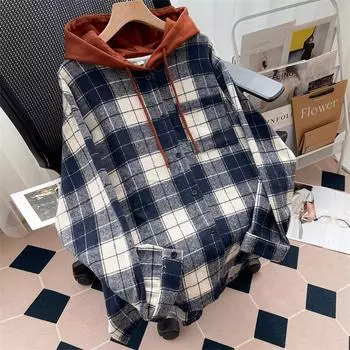 Утепленная клетчатая рубашка с капюшоном женская осенне-зимняя новая теплая нишевая средней длины большого размера M тёмно-синий