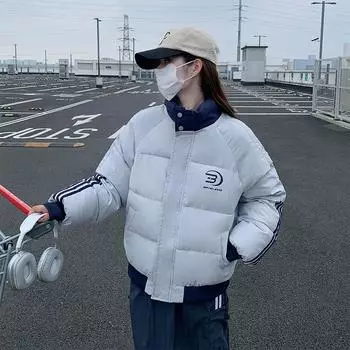 Утепленная куртка для мужчин и женщин, зимняя новая уличная корейская свободная спортивная полосатая куртка контрастного цвета M чёрный