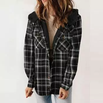 Утепленная куртка из хлопка, женская клетчатая куртка с капюшоном и пуговицами спереди, утепленная куртка с карманами XL синий