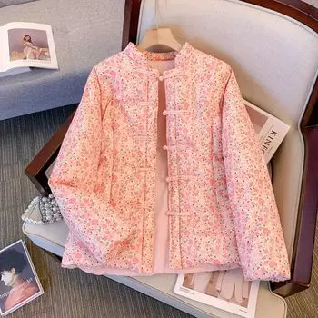 Утепленная куртка с цветочным принтом в китайском стиле, зимняя стеганая куртка в стиле ретро с дисковыми пряжками в китайском стиле, утолщенная стеганая куртка в стиле Тан, женская S 90-105