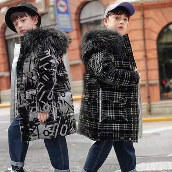 Утепленная куртка с капюшоном для мальчиков на осень и зиму, средняя длина, теплая верхняя одежда 160