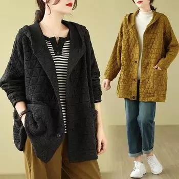 Утепленная куртка женская 24 года весна и осень новая тяжелая промышленность геометрическая стеганая клетчатая хлопковая подкладка хлопковая одежда с капюшоном M бежевый