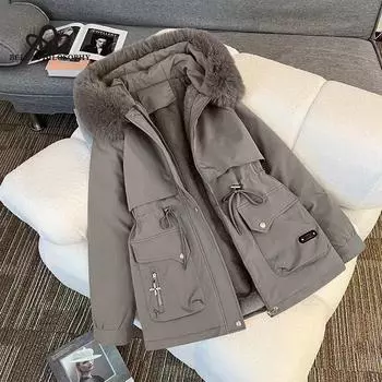 Утепленная куртка женская зимняя новая однотонная стеганая куртка средней длины с бархатным пальто в стиле кэжуал M чёрный