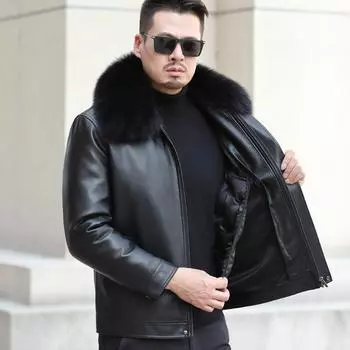 Утепленная мужская куртка из натуральной кожи большого размера с пуховым наполнителем, куртка из овчины, куртка для пап среднего и пожилого возраста M