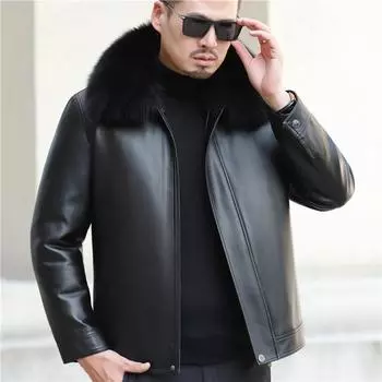 Утепленная мужская куртка из натуральной кожи большого размера с пуховым наполнителем, куртка из овчины, куртка для пап среднего и пожилого возраста M