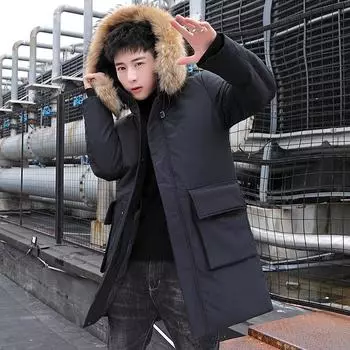 Утепленная мужская зимняя куртка средней и длинной длины в корейском стиле с пуховой подкладкой, молодежная трендовая зимняя утепленная куртка M чёрный