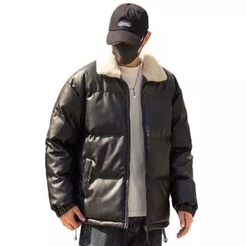 Утепленная мужская зимняя новая кожаная хлопковая одежда с подкладкой из искусственной кожи, парная кожаная одежда, мужская и женская одинаковая хлопковая куртка с подкладкой S чёрный