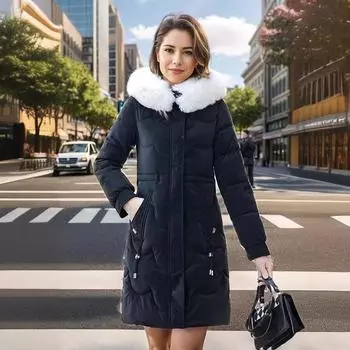 Утепленная одежда женская новая зимняя несмываемая тонкая утолщенная куртка средняя и длинная утепленная куртка пуховая утепленная одежда M чёрный