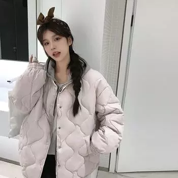 Утепленная одежда женская ромбовидная зимняя куртка новая утолщенная маленькая ромбовидная свободная теплая короткая утепленная одежда утепленная куртка S (under 60 kg) слоновая кость