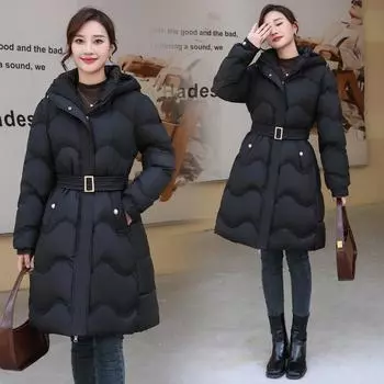 Утепленная одежда женская средняя и длинная зимняя свободная и тонкая большого размера с капюшоном утепленная куртка-пуховик M чёрный