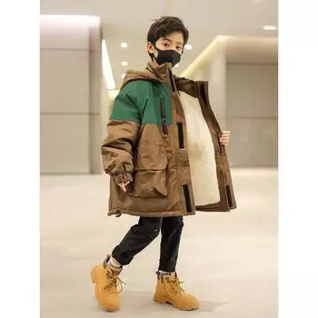 Утепленная парка с капюшоном для мальчиков на осень и зиму, для детей среднего и большого возраста, с длинными рукавами, теплая куртка Collision свободного цвета 170 зелёный