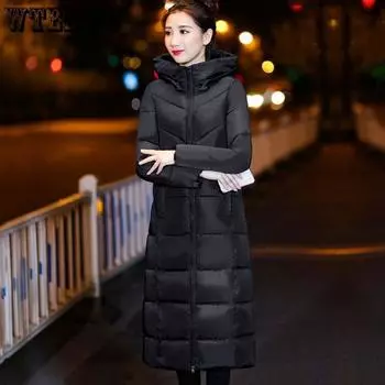 Утепленная пуховая хлопковая куртка женская длинная тонкая до колена корейская версия хлопкового пальто с капюшоном зимняя хлопковая куртка женская M чёрный
