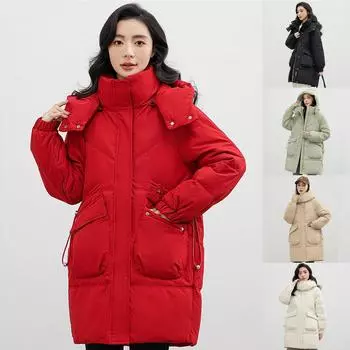Утепленная свободная модная куртка большого размера с капюшоном и хлопковой подкладкой для девочек средней длины XL красный