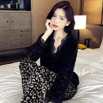 Утепленная теплая пижама с V-образным вырезом для женщин, комплект одежды для сна с леопардовым принтом, осенне-зимняя домашняя одежда, золотистый бархатный ночной костюм, брюки M
