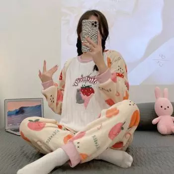 Утепленная теплая пижама женская зимняя большого размера фланелевая с длинными рукавами студенческая домашняя одежда комплект из двух предметов женская одежда для сна одежда для отдыха M