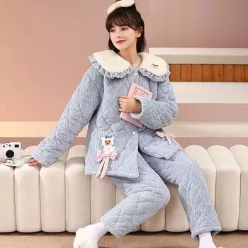 Утепленная трехслойная пижама из хлопка для женщин, зимняя коралловая бархатная пижама с длинными рукавами, теплая фланелевая домашняя одежда M