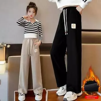 Утепленная верхняя одежда на флисовой подкладке для девочек, брюки повседневного покроя, универсальные детские брюки, новинка 2024 года, весна/осень 170 чёрный