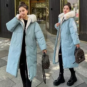 Утепленная женская 2024 зимняя новая утолщенная с капюшоном свободная выше колена длинная утепленная женская утепленная M