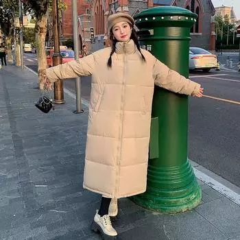 Утепленная женская куртка длиной до колена, 2024, зимняя новая утолщенная куртка с воротником-стойкой, утепленная женская куртка большого размера S чёрный