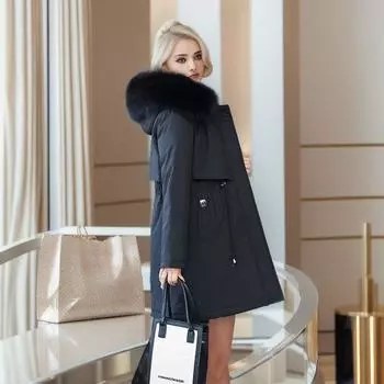 Утепленная женская куртка средней и длинной длины с утолщенной талией, теплая осенью и зимой, свободная куртка на пуху M чёрный