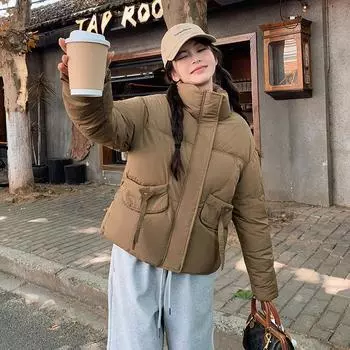 Утепленная женская зимняя новая корейская версия короткая утепленная куртка зимняя студенческая утолщенная свободная стойка воротник утепленная женская M чёрный