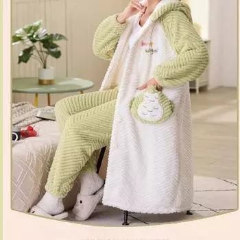 Утепленная зимняя фланелевая женская пижама, халат, топ и штаны, утепленная ночная рубашка с рисунком медведя, женская пижама, длинный халат M синий