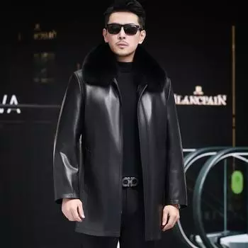 Утепленная зимняя одежда для людей среднего и пожилого возраста из натуральной кожи, мужская одежда средней длины, одежда для папы, свободная куртка-пуховик с воротником из лисьего меха M