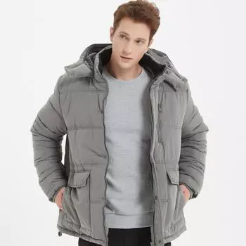 Утепленное хлопковое пальто, зимняя мужская куртка на хлопковой подкладке, повседневная однотонная теплая куртка с капюшоном и карманом S чёрный